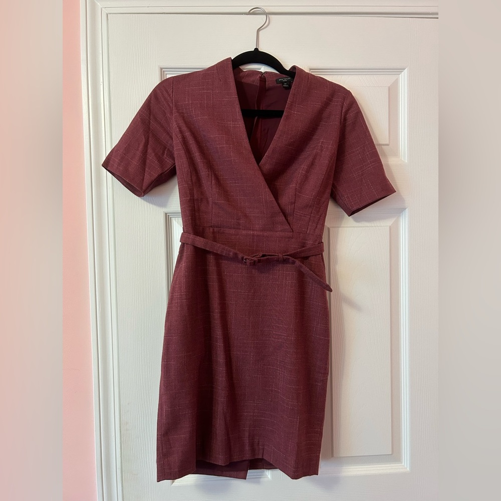 Ann Taylor 00P Plum Rose Wrap Belted Sheath Dress in Cross Weave